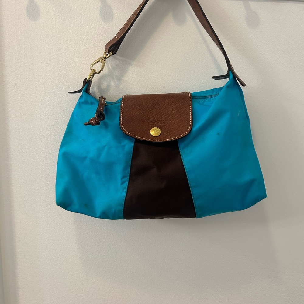 Longchamp Blue and Brown Shoulder Bag with Leather Accents